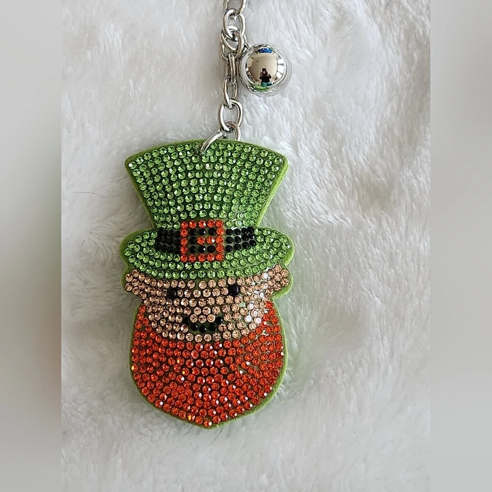 Sparkling Rhinestone Leprechaun Keychain with Green Tassel Bag Charm